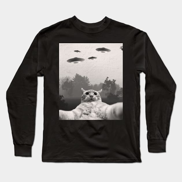 Funny Cat Selfie with UFOs Long Sleeve T-Shirt by larfly